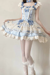 [Wind Chime Poem] Square Collar Flutter Sleeves Triple-Layered Printed Ruffled Bow Sweet Lolita Jsk Dress 4 Colors (Blue, Pink, Purple, Green) - Product - 17