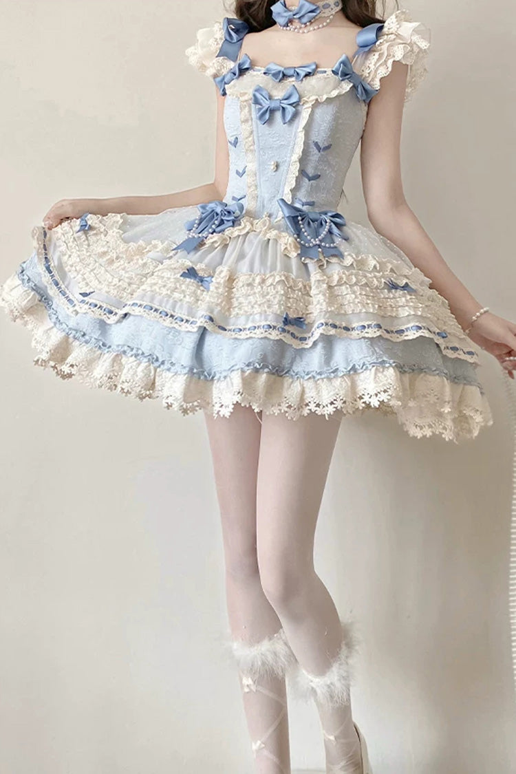 [Wind Chime Poem] Square Collar Flutter Sleeves Triple-Layered Printed Ruffled Bow Sweet Lolita Jsk Dress 4 Colors (Blue, Pink, Purple, Green) - Product - 17