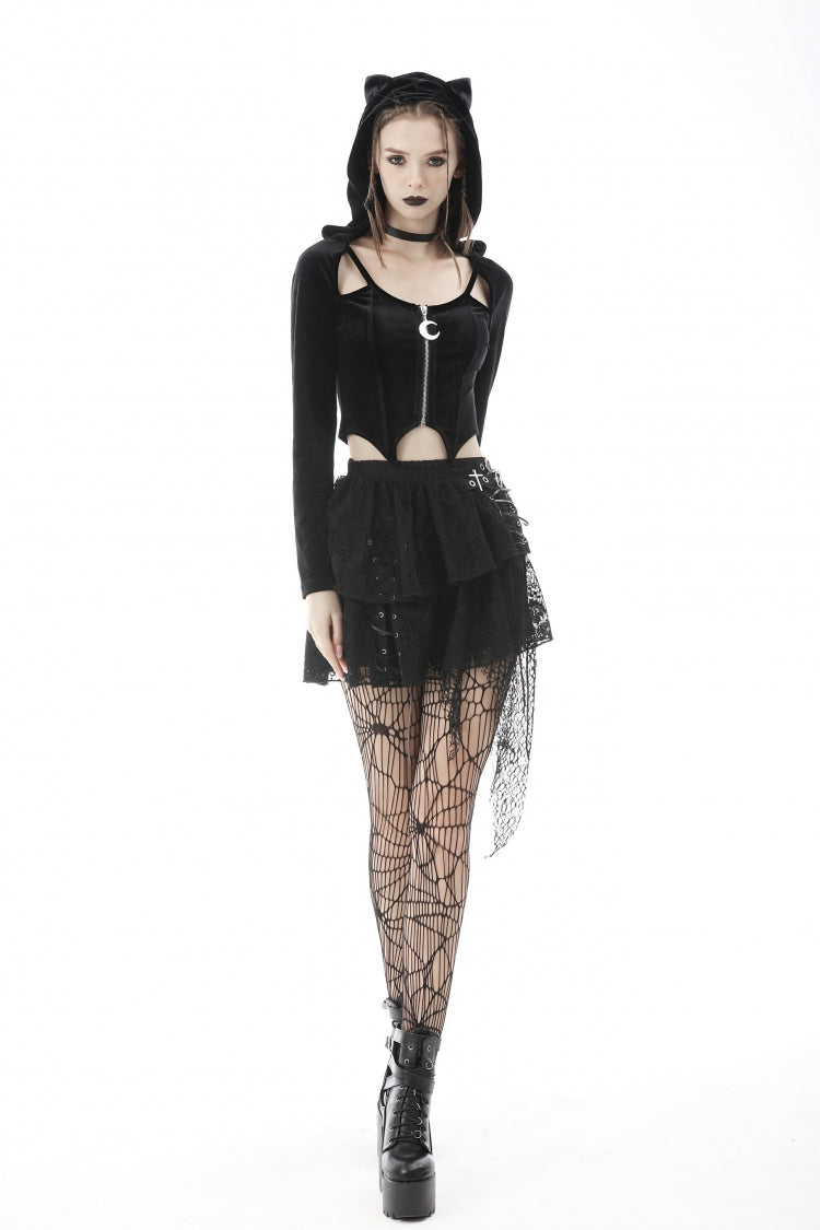 Black Long Sleeves Irregular Moon-shaped Zipper Women's Punk Crop Top with Cat's Ears Hood - Product - 11