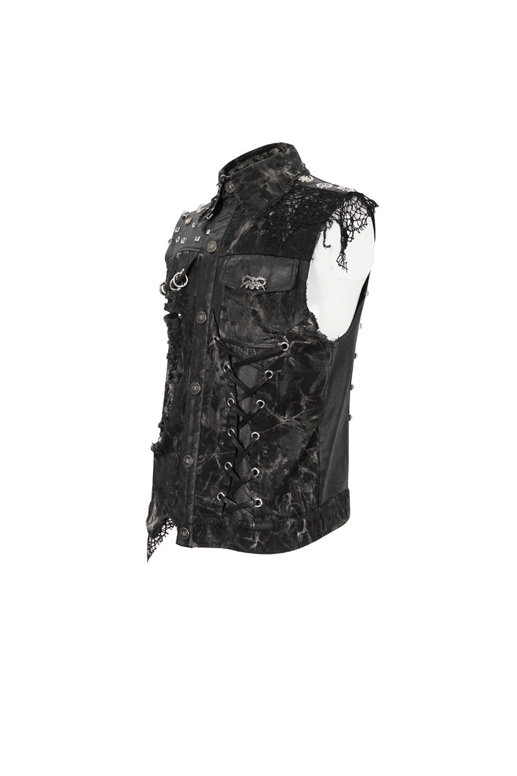 Black Loose Non-Stretch Tie-Dye Decadent Snatched Skull Sheep Head Decoration Men's Punk Vest - Product - 9