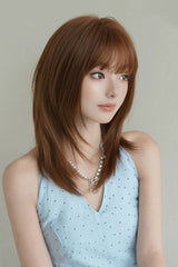 Vintage Orange Brown Face-Framing Layered Shoulder Bob Sweet Lolita Wig with Full Bangs - Product - 2
