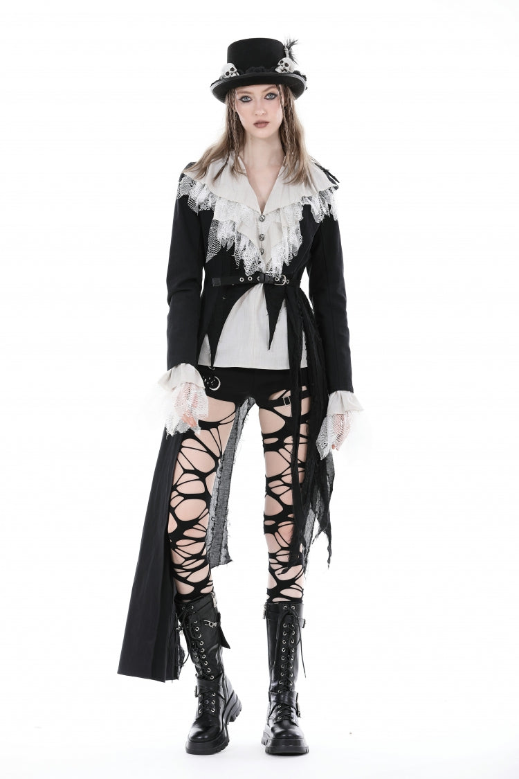 Black Peak Lapel Collar Long Sleeves Irregular Distressed Women's Gothic Punk Coat with Belt - Black - 1