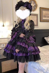 Black/Purple Long Trumpet Sleeves Multi-Layered Ruffle Bowknot Lace-Up Gothic Lolita Dress - Product - 2