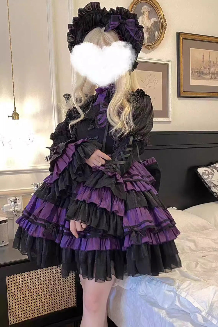 Black/Purple Long Trumpet Sleeves Multi-Layered Ruffle Bowknot Lace-Up Gothic Lolita Dress - Product - 2