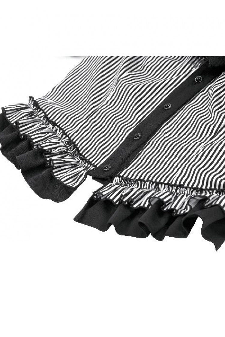 Black/White Pinstripe Short Puff Sleeves Lace-Up Women's Preppy Style Swallow-tailed Blouse with Detachable Tie - Product - 14