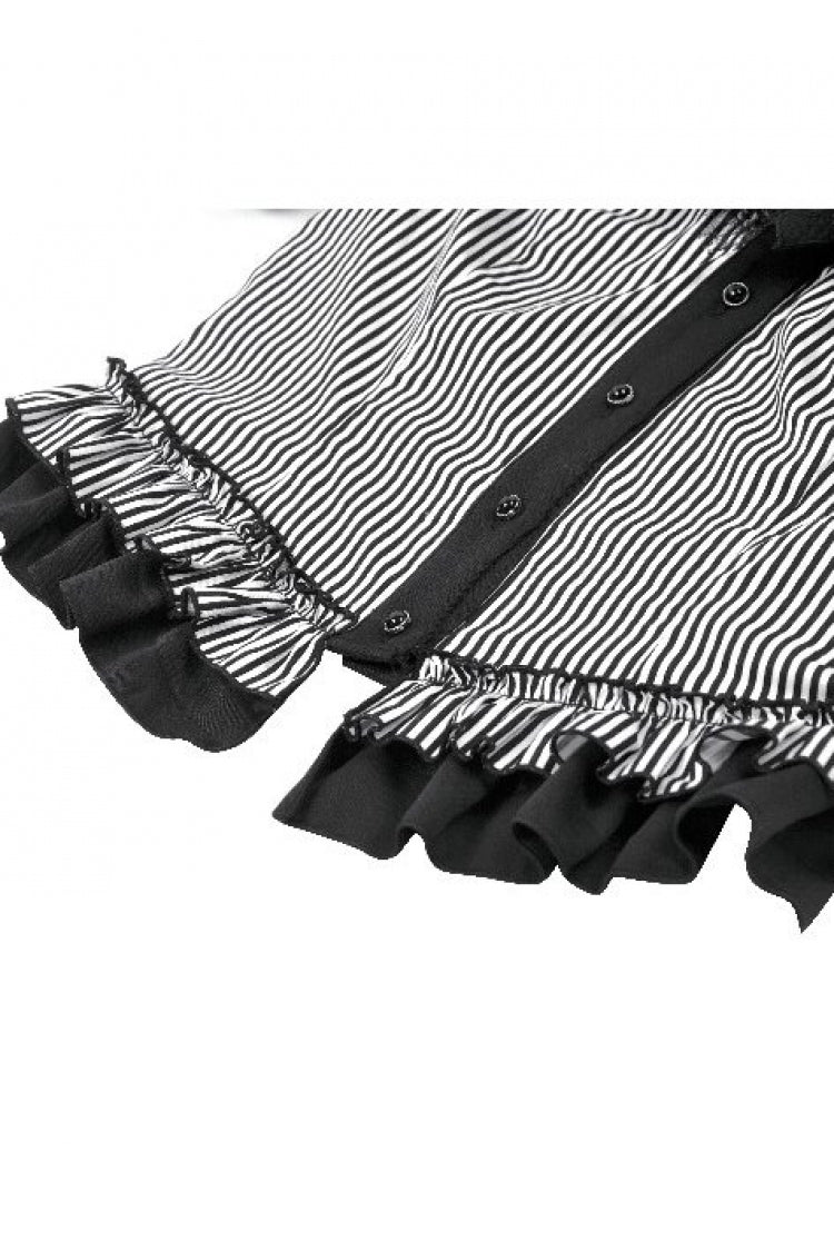Black/White Pinstripe Short Puff Sleeves Lace-Up Women's Preppy Style Swallow-tailed Blouse with Detachable Tie - Product - 14