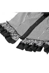 Black/White Pinstripe Short Puff Sleeves Lace-Up Women's Preppy Style Swallow-tailed Blouse with Detachable Tie - Product - 14