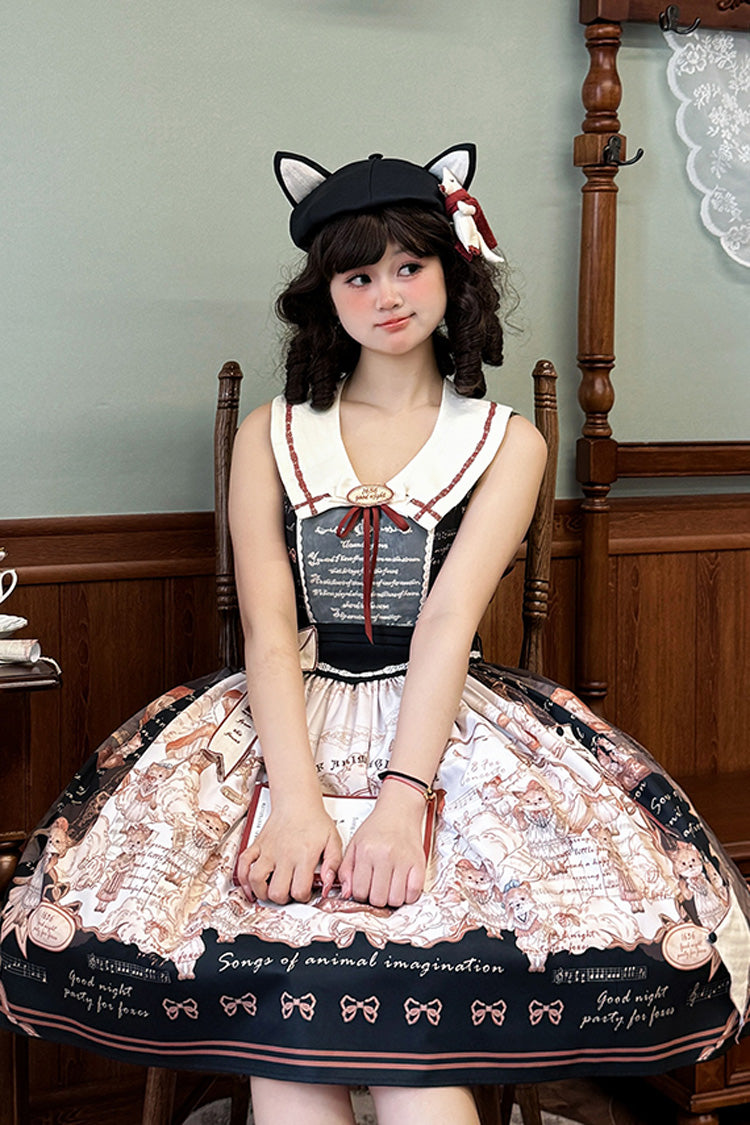 Black [Fox Band] Print Square Collar Bowknot Classic Lolita Jumper Dress - Product - 13