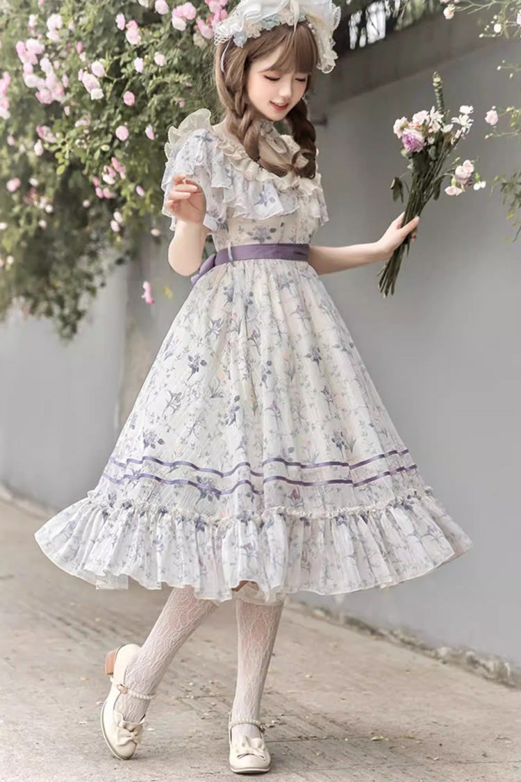 Purple [Summer Flower Wall] Short Sleeves Printed Ruffled Bow Lace Sweet Elegant Lolita Dress with Padded Bust - Product - 4