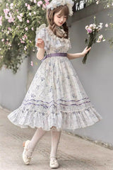 Purple [Summer Flower Wall] Short Sleeves Printed Ruffled Bow Lace Sweet Elegant Lolita Dress with Padded Bust - Product - 4