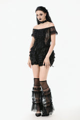 Black Women's Lolita Gothic Embroidered Flower Multilayered Lace Trim Lantern Shorts - Product - 11