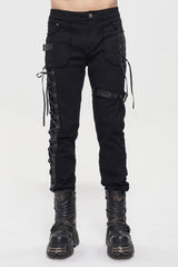 Black Metal Decorative Lace Up Leg Loops Long Men's Punk Pants - Black - 1