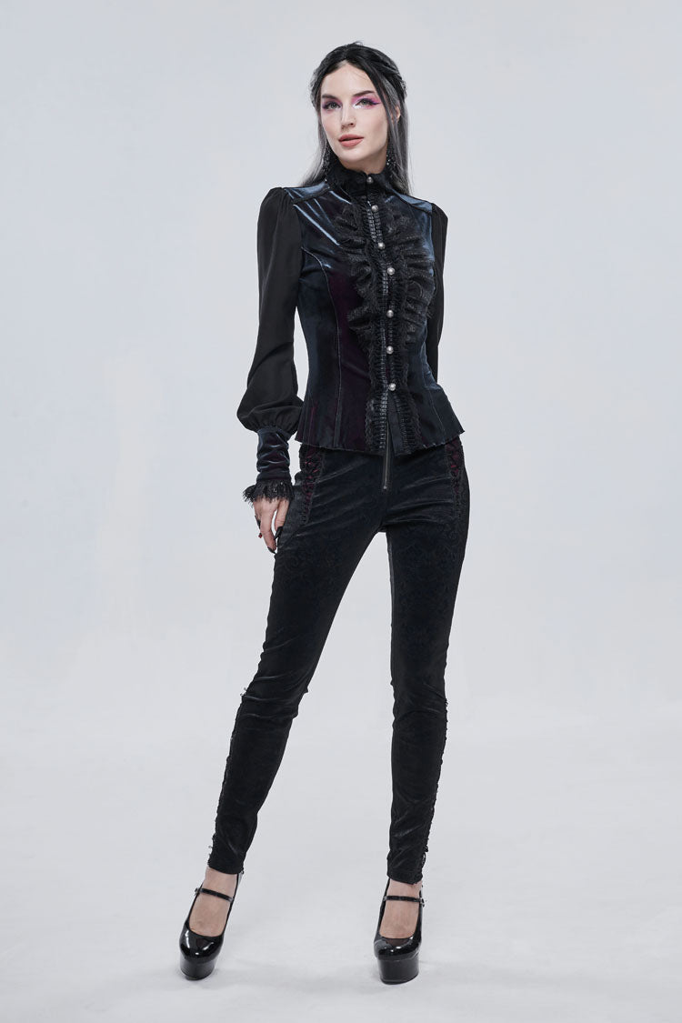 Black Textured Pattern Lace Decoration Metal Zipper Mid-High Waist Tie Women's Gothic Trousers - Product - 5