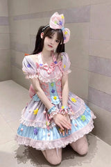 Blue/Pink Magical Girl Short Sleeves Ruffle Bowknot Stars Sweet Princess Lolita Dress - Blue/Pink - 1