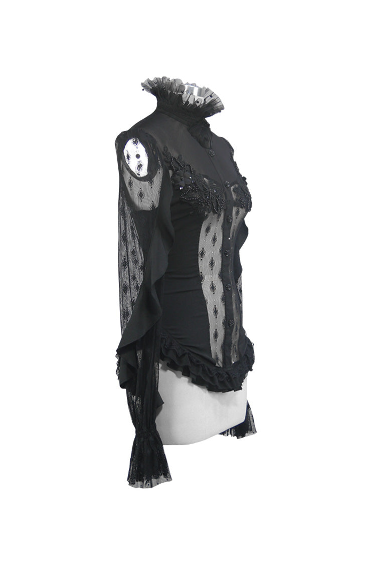 Black Chiffon High Collar Front Chest Beaded Flowers Lace Cuff Back Waist Lace Up Women's Gothic Blouse - Product - 7