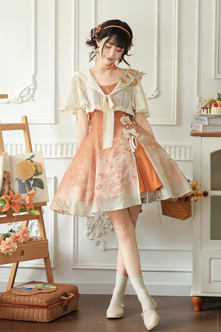 Orange Square Collar Sleeveless Chrysanthemum Printed Bow Lace-Up Asymmetric Sweet Chinese Inspired Lolita Jsk Dress Set - Product - 4