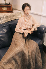 Pink/Brown Stand Collar Long Lantern Sleeves Ruffled Lace-Up Classic Vintage Lolita Skirt Set - Product - 2