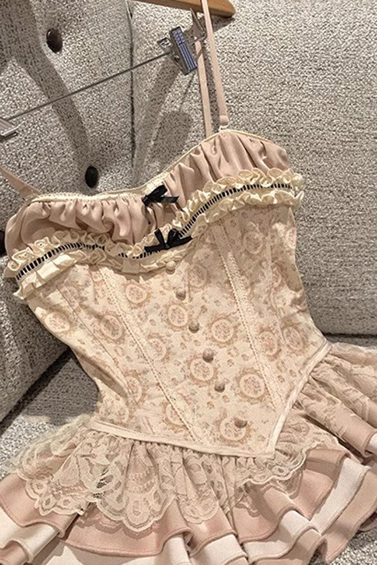 Apricot Multi-Layered Print Ruffle Embroidery Bowknot Sweet Vintage Lolita Skirt - Product - 3
