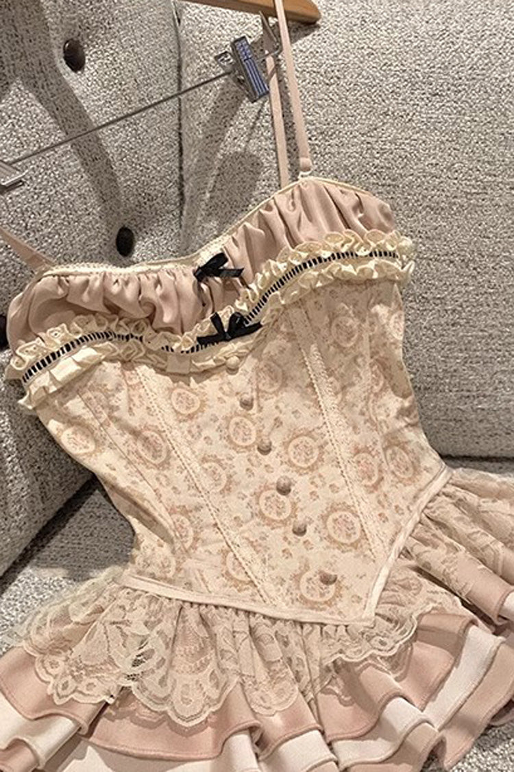 Apricot Multi-Layered Print Ruffle Embroidery Bowknot Sweet Vintage Lolita Skirt - Product - 3