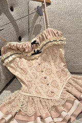Apricot Multi-Layered Print Ruffle Embroidery Bowknot Sweet Vintage Lolita Skirt - Product - 3