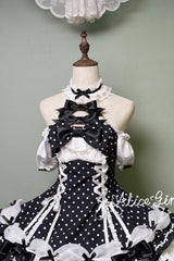 Black/White Halterneck Short Sleeves Triple-Layered Polka Dot Printed Bow Lace-Up Sweet Lolita Dress - Product - 2