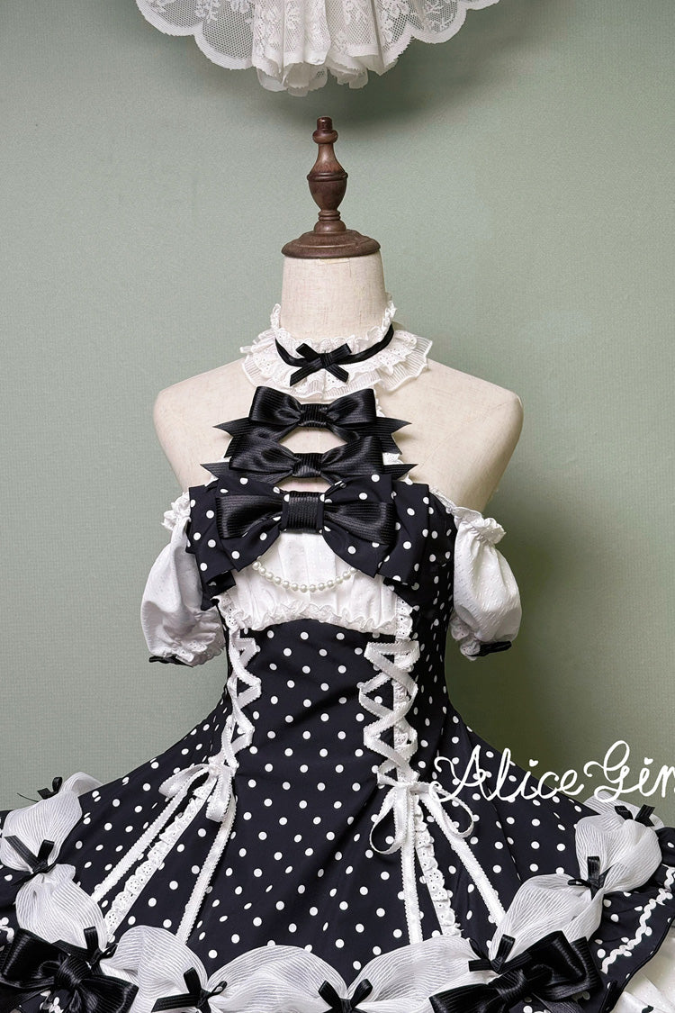 Black/White Halterneck Short Sleeves Triple-Layered Polka Dot Printed Bow Lace-Up Sweet Lolita Dress - Product - 2