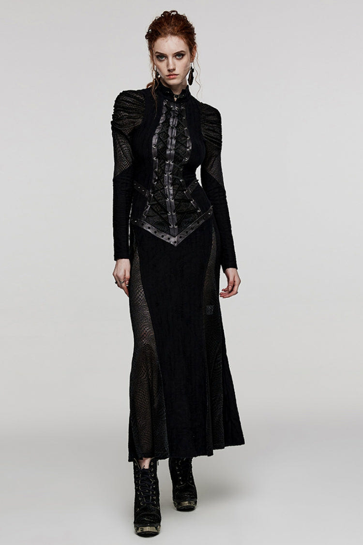 Black Stand Collar Snake Print Stitching Lace-Up Mesh Women's Gothic Dress - Product - 4
