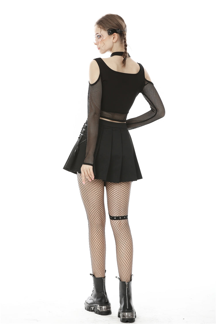 Black Off Shoulder Long Sleeves Lace-Up Chest Straps Sheer Mesh Women's Punk Top - Product - 4