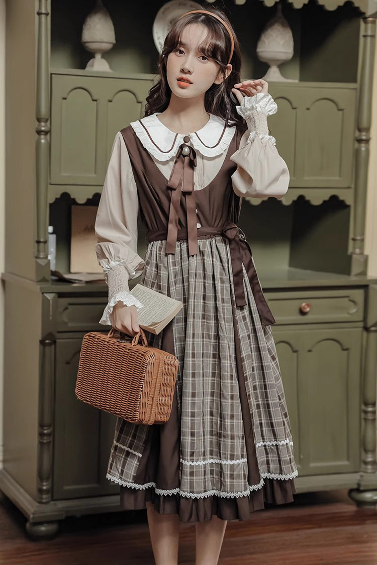 White/Brown Campus Style Doll Collar Lantern Sleeves Plaid Sweet Lolita OP Dress - Product - 4