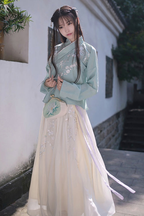 Green Chinese Ancient Style Han Dynasty Plum Embroidery Sweet Hanfu Dress Two Piece - Product - 3