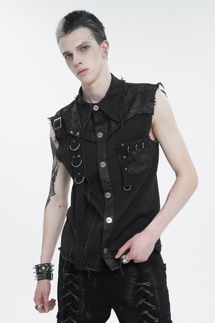 Black Sleeveless Buckle Splice Unedged Men's Punk Vest - Product - 2