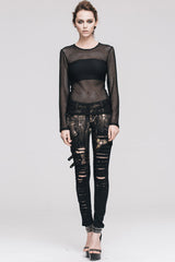Black See-Through Sexy Hexagonal Mesh Long Sleeve Women's Punk T-Shirt - Product - 6