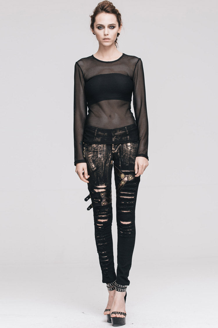 Black See-Through Sexy Hexagonal Mesh Long Sleeve Women's Punk T-Shirt - Product - 6