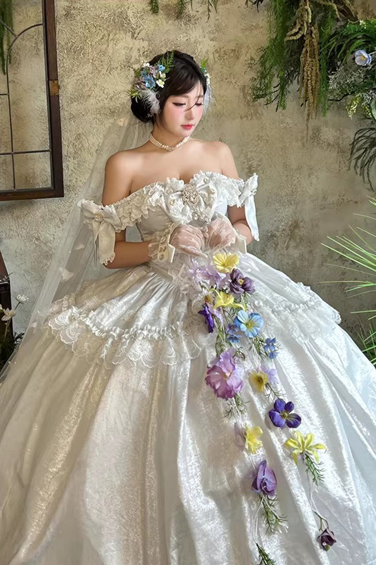 [White Moonlight Lover] Romantic Commemorative Ceremony Sleeveless Ruffled Bow Lace Lace-Up Sweet Elegant Lolita Strapless Dress 3 Colors - Product - 10