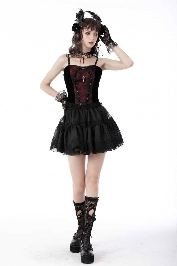 Dark Red Cross Shoulder Straps Jacquard Lace-Up Women's Gothic Overbust Corset - Product - 10