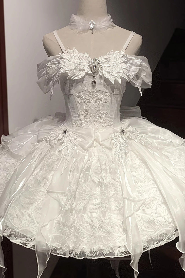 White [Feathers Floating In The Air] Square Collar Flutter Sleeves Embroidered Bow Lace Sweet Lolita Jsk Dress - Product - 3