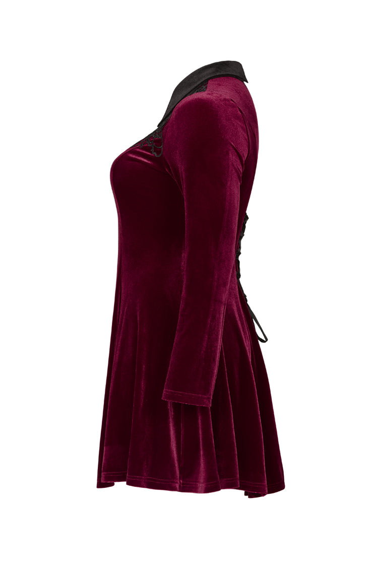 Red Velvet Front Chest Hollow-Out Decals Back Lace-Up Long Sleeve Plus Size Women's Gothic Dress - Product - 6