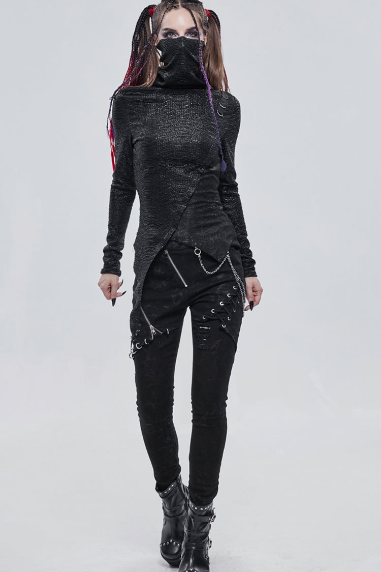 Black Punk High Neck Compressed Stretch Fabric Irregular Pointed Hem Pleated Women's Shirt - Product - 4