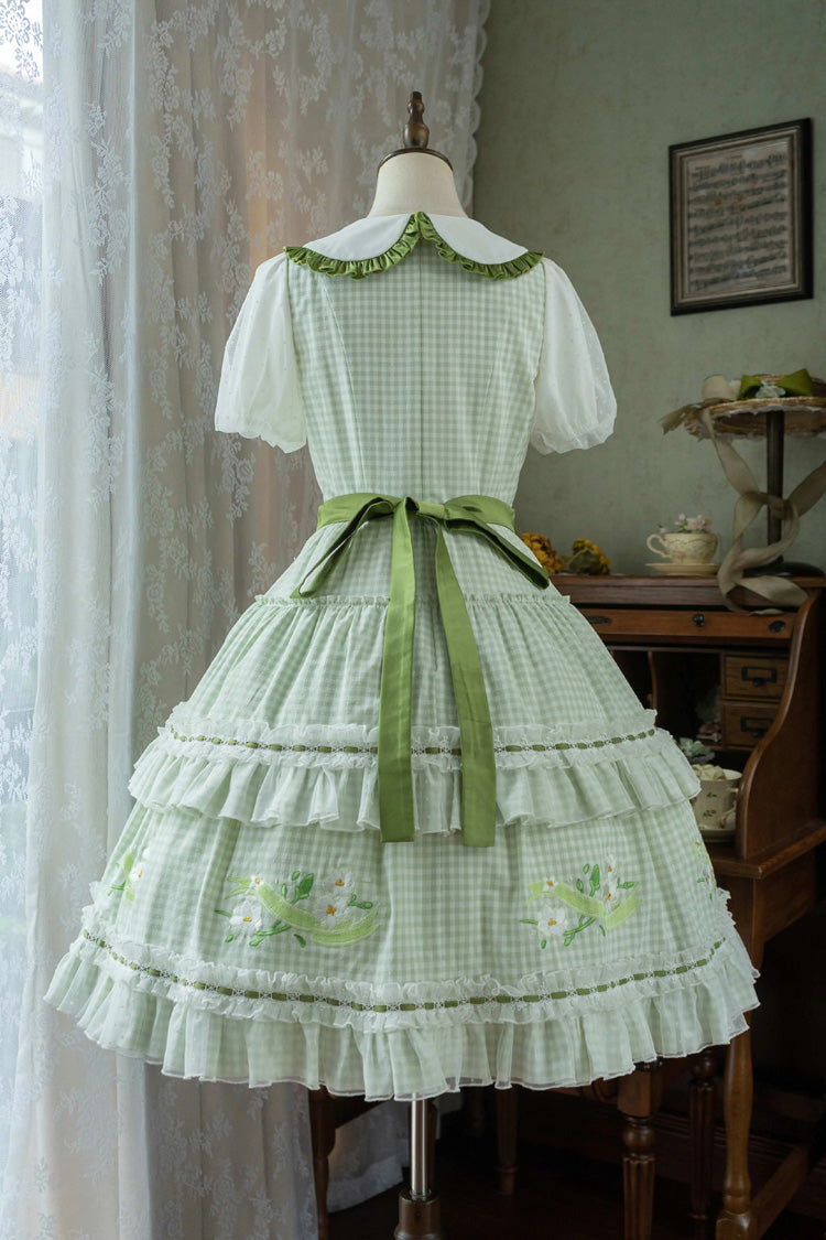 Green Doll Collar Short Sleeves Plaid Print Ruffle Hollow Embroidery Bowknot Sweet Elegant Lolita Dress - Product - 5