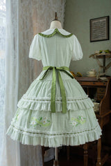 Green Doll Collar Short Sleeves Plaid Print Ruffle Hollow Embroidery Bowknot Sweet Elegant Lolita Dress - Product - 5
