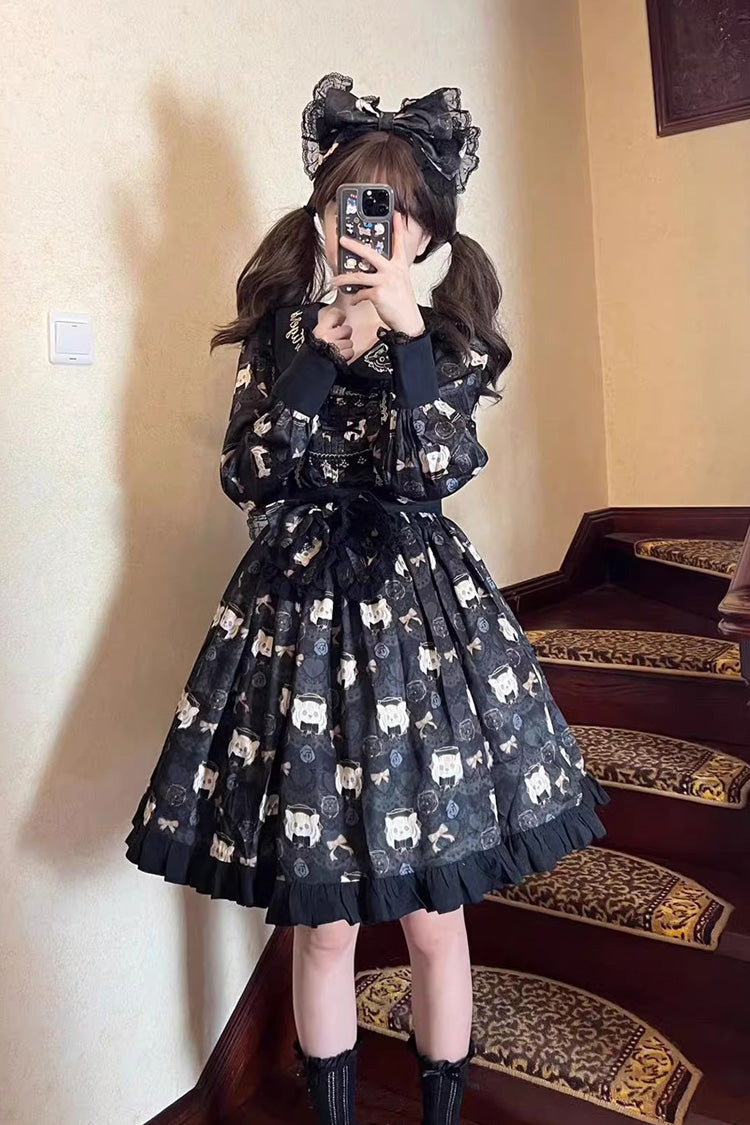 Black Long Sleeves Print Bowknot Sweet Plus Size College Style Lolita Dress - Product - 2