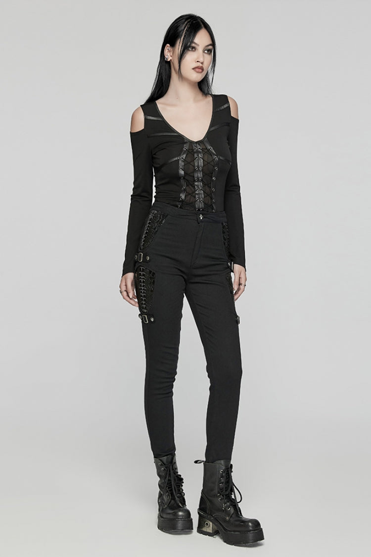 Black Patent Leather Stitching Women's Punk Pants - Product - 4