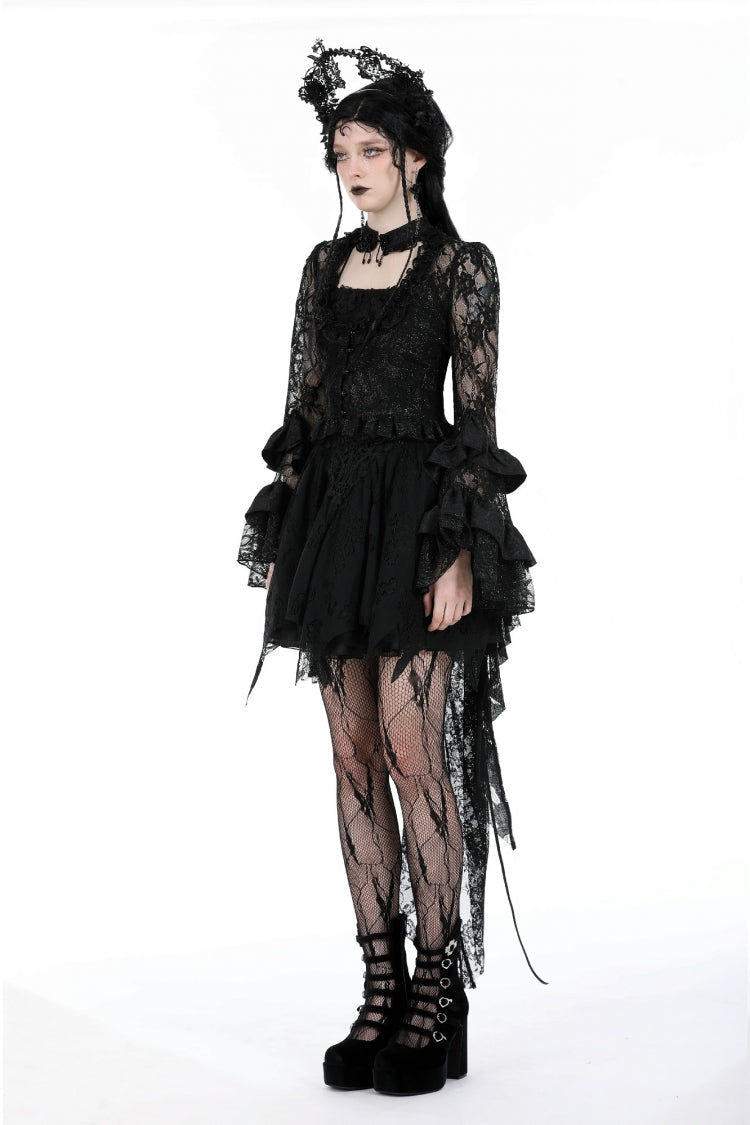 Black Multi-Layered Long Trumpet Sleeves Lace Lace-Up Women's Gothic Top - Product - 8