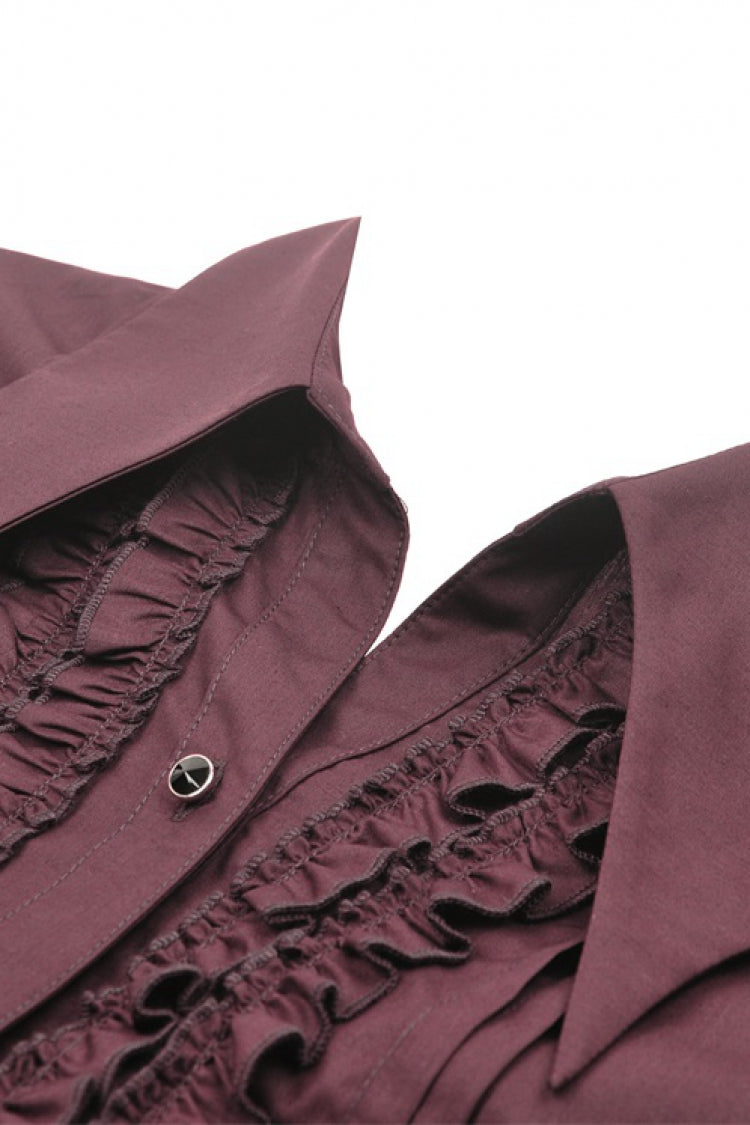Wine Red Turn-down Collar Ruffled Long Sleeves Women's Gothic Blouse - Product - 13