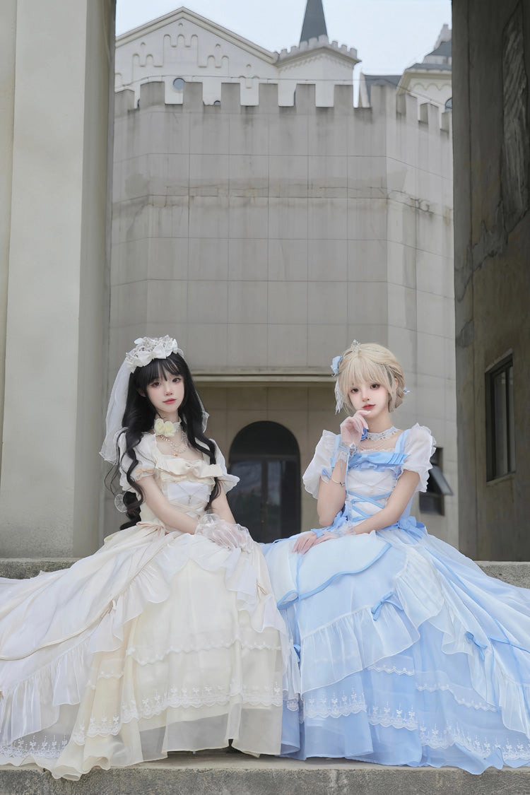 Sweet Short Puff Sleeves Ruffle Hanayome Cardigan Bowknot Princess Gorgeous Lolita Dress 2 Colors - Product - 3