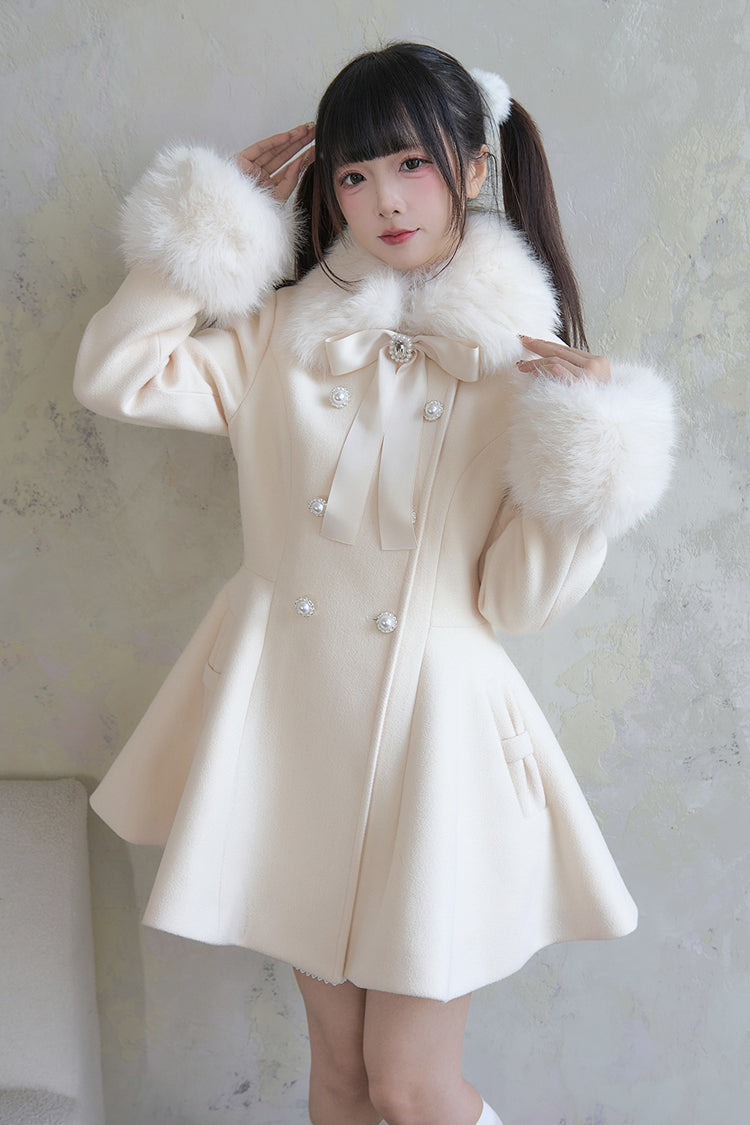 Apricot Double-Breasted Long Sleeves Bowknot Japanese Sweet Lolita Coat - Apricot - 1