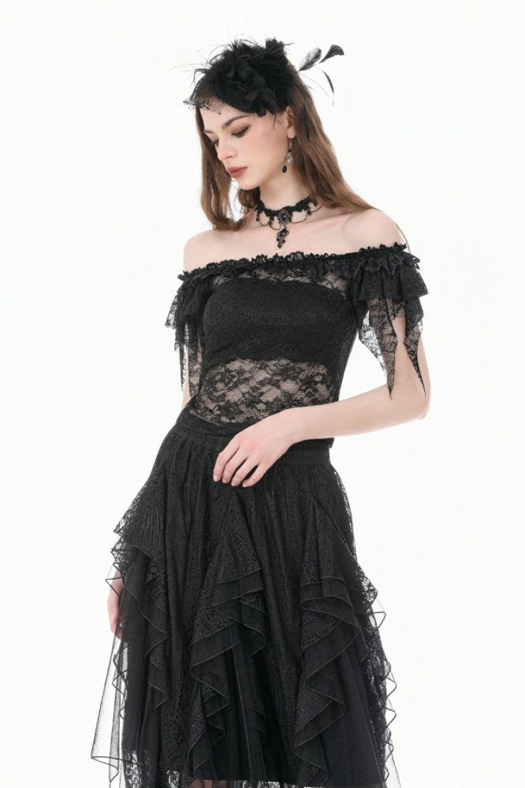 Black Off Shoulder Floral Sheer Lace Women's Gothic Top - Product - 6