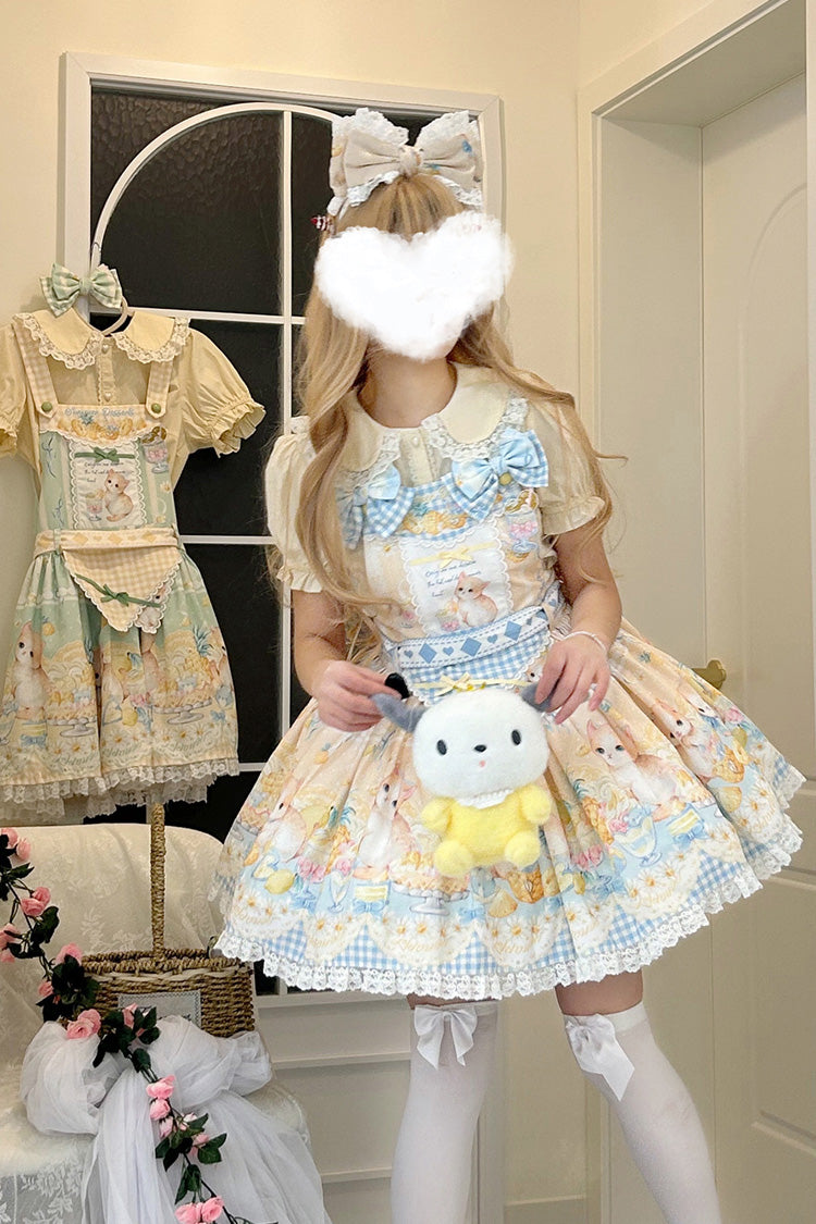 Yellow [Pineapple Cat] Print Sleeveless Bowknot Lace Sweet Lolita Strap Dress - Product - 5