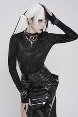 Black Stand Collar Long Sleeves  Circuit Board  Printed Slim Women's Punk Blouse - Product - 6