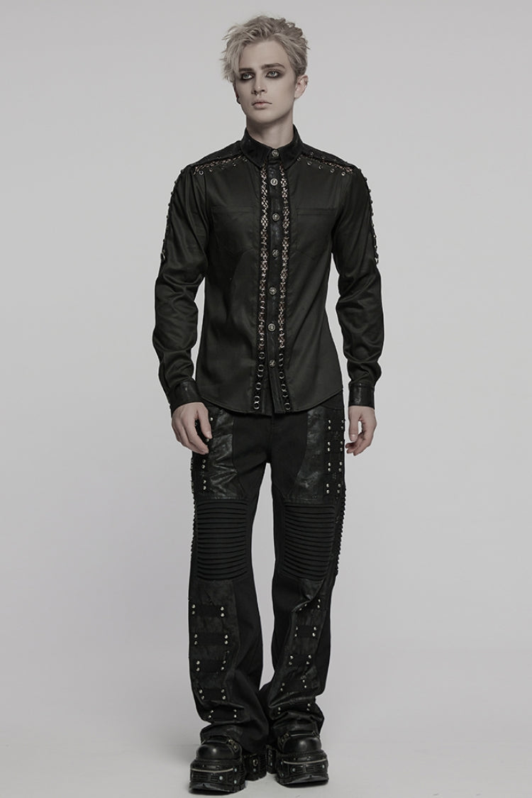 Black Lapel Collar Long Sleeves Stitching Mesh Men's Punk Blouse - Product - 4